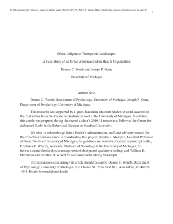 Urban-indigenous therapeutic landscapes: A case study of an urban American Indian health organization thumbnail