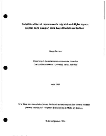 Domaines vitaux et déplacements migratoires d'Aigles royaux nichant dans la région de la baie d'Hudson au Québec thumbnail