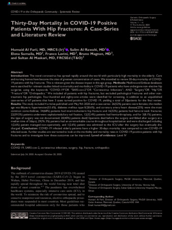 Thirty-Day Mortality in COVID-19 Positive Patients With Hip Fractures: A Case-Series and Literature Review thumbnail