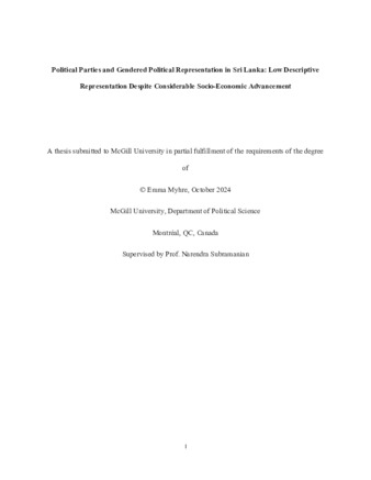 Political Parties and Gendered Political Representation in Sri Lanka: Low Descriptive Representation Despite Considerable Socio-Economic Advancement thumbnail