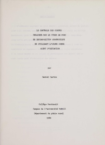 Le Controle des Odeurs Degagees par le Purin de Porc en Decomposition Anaerobique en Utilisant L'Ozone Comme Agent D'Oxydation thumbnail