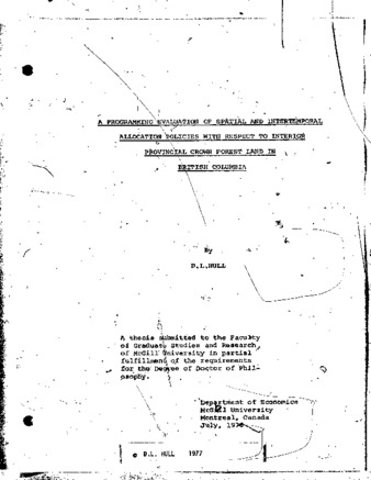 A programming evaluation of spatial and intertemporal allocation policies : with respect to interior provincial crown forest land in British Columbia thumbnail