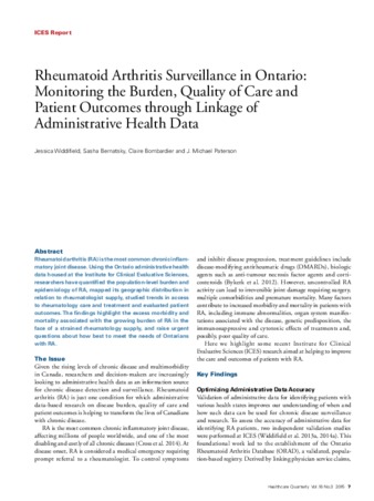 Rheumatoid Arthritis Surveillance in Ontario: Monitoring the Burden, Quality of Care and Patient Outcomes through Linkage of Administrative Health Data thumbnail