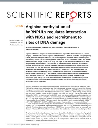 Arginine methylation of hnRNPUL1 regulates interaction with NBS1 and recruitment to sites of DNA damage thumbnail