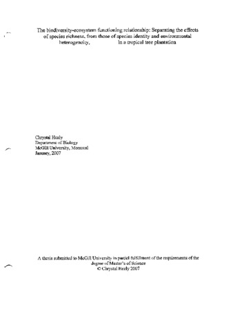 The biodiversity-ecosystem functioning relationship : separating the effects of species richness, from those of species identity and environmental heterogeneity in a tropical tree plantation thumbnail