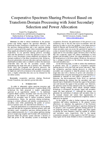 Cooperative spectrum sharing protocol based on transform domain processing with joint secondary selection and power allocation thumbnail