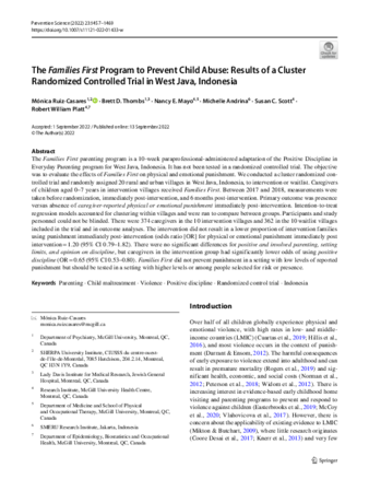 The Families First Program to Prevent Child Abuse: Results of a Cluster Randomized Controlled Trial in West Java, Indonesia thumbnail