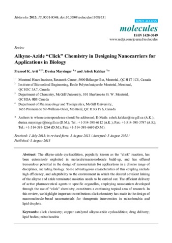 Alkyne-azide "click" chemistry in designing nanocarriers for applications in biology thumbnail