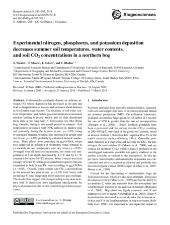 Experimental nitrogen, phosphorus, and potassium deposition decreases summer soil temperatures, water contents, and soil CO2 concentrations in a northern bog thumbnail