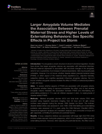 Larger Amygdala Volume Mediates the Association Between Prenatal Maternal Stress and Higher Levels of Externalizing Behaviors: Sex Specific Effects in Project Ice Storm thumbnail