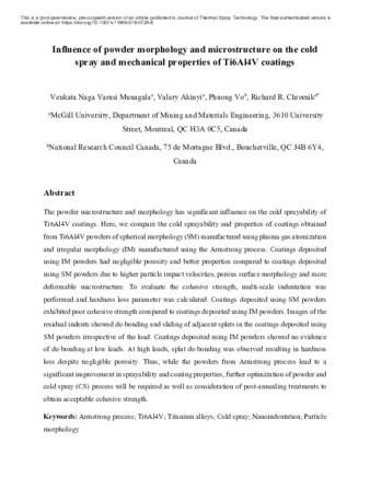 Influence of powder morphology and microstructure on the cold spray and mechanical properties of Ti6Al4V coatings thumbnail