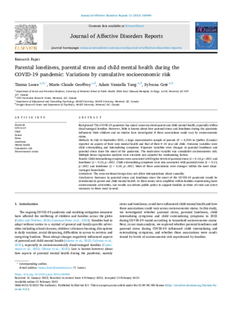 Parental loneliness, parental stress and child mental health during the COVID-19 pandemic: Variations by cumulative socioeconomic risk thumbnail