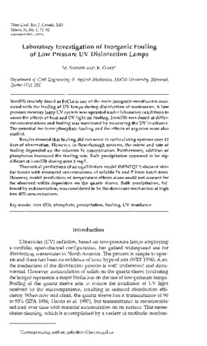 Laboratory investigation of inorganic fouling of low pressure UV disinfection lamps thumbnail