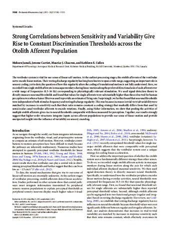 Strong correlations between sensitivity and variability give rise to constant discrimination thresholds across the otolith afferent population thumbnail