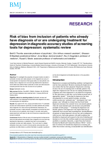 Risk of bias from inclusion of patients who already have diagnosis of or are undergoing treatment for depression in diagnostic accuracy studies of screening tools for depression: systematic review thumbnail