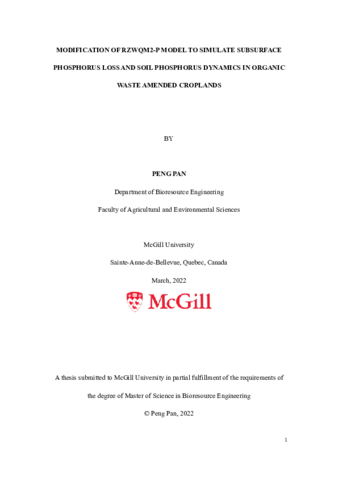 Modification of RZWQM2-P model to simulate subsurface phosphorus loss and soil phosphorus dynamics in organic waste amended croplands thumbnail