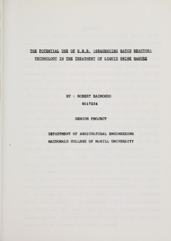 Potential use of S.B.R. (Sequencing Batch Reactor) Technology in the Treatment of Liquid Swine Manure thumbnail