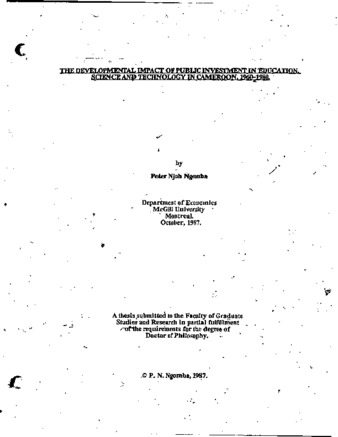 The developmental impact of public investment in education, science and technology in Cameroon, 1960-1980 / thumbnail
