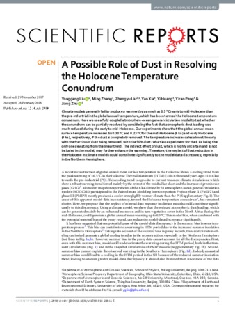 A Possible Role of Dust in Resolving the Holocene Temperature Conundrum thumbnail