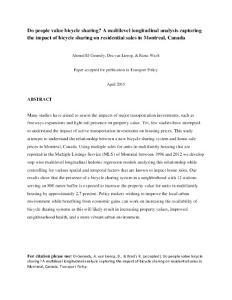 Do people value bicycle sharing? A multilevel longitudinal analysis capturing the impact of bicycle sharing on residential sales in Montreal, Canada thumbnail