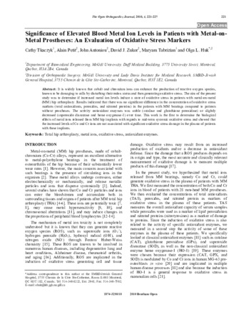 Significance of Elevated Blood Metal Ion Levels in Patients with Metal-on-Metal Prostheses: An Evaluation of Oxidative Stress Markers thumbnail
