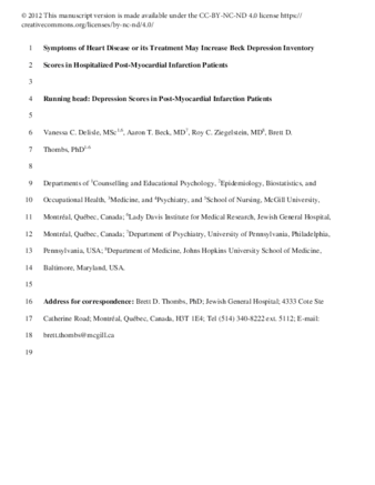 Symptoms of Heart Disease or its Treatment May Increase Beck Depression Inventory 1 Scores in Hospitalized Post-Myocardial Infarction Patients thumbnail