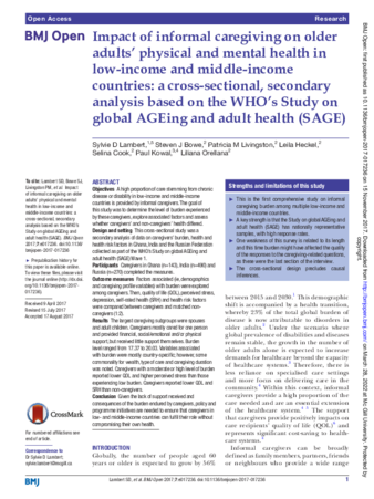 The impact of informal caregiving on older adults’ physical and mental health in low- and middle-income countries: a cross-sectional, secondary analysis based on the WHO Study on global AGEing and adult health (SAGE) thumbnail