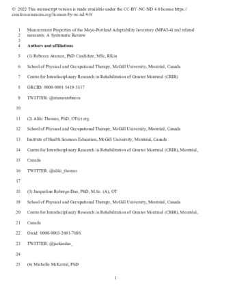 Measurement Properties of the Mayo-Portland Adaptability Inventory (MPAI-4) and Related Measures: A Systematic Review thumbnail