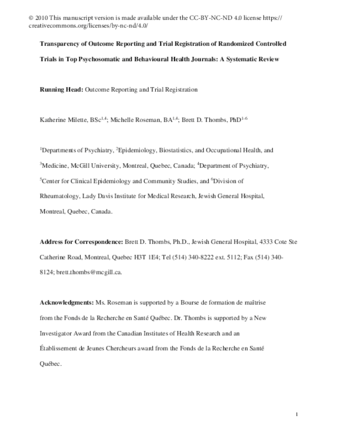 Transparency of Outcome Reporting and Trial Registration of Randomized Controlled Trials in Top Psychosomatic and Behavioural Health Journals: A Systematic Review thumbnail