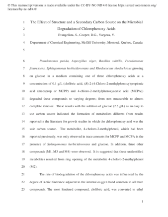 The effect of structure and a secondary carbon source on the microbial degradation of chlorophenoxy acids thumbnail