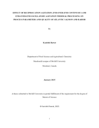 Effect of reciprocation agitation, end-over-end continuous and end-over-end oscillatory agitation thermal processing on process parameters and quality of atlantic salmon and radish thumbnail