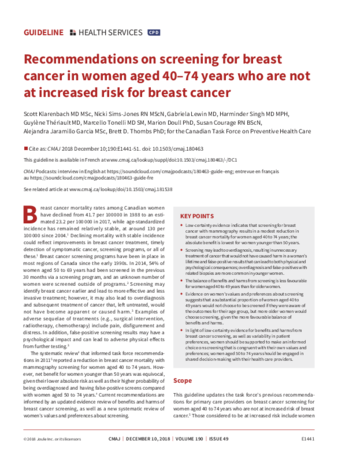 Recommendations on screening for breast cancer in women aged 40–74 years who are not at increased risk for breast cancer thumbnail