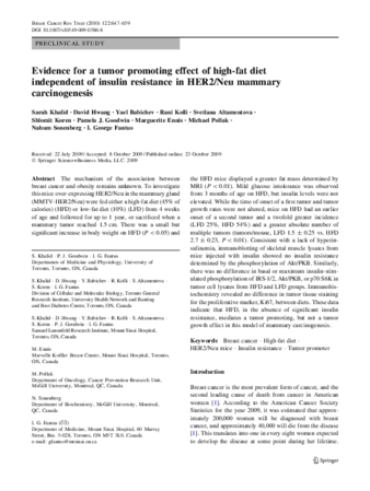 Evidence for a tumor promoting effect of high-fat diet independent of insulin resistance in HER2/Neu mammary carcinogenesis thumbnail