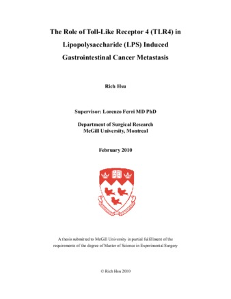 The role of toll-like receptor 4 (TLR4) in lipopolysaccaride (LPS) induced gastrointestinal cancer metastasis thumbnail