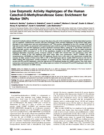Low Enzymatic Activity Haplotypes of the Human Catechol-O-Methyltransferase Gene: Enrichment for Marker SNPs thumbnail
