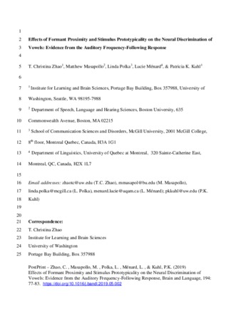 Effects of formant proximity and stimulus prototypicality on the neural discrimination of vowels: Evidence from the auditory frequency-following response thumbnail