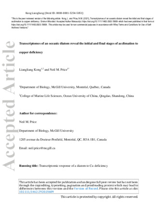 Transcriptomes of an oceanic diatom reveal the initial and final stages of acclimation to copper deficiency thumbnail