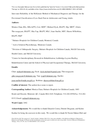 Inter-rater Reliability of the McKenzie Method of Mechanical Diagnosis and Therapy for the Provisional Classification of Low Back Pain in Adolescents and Young Adults thumbnail