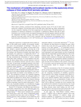 The mechanism of instability and localized reaction in the explosively driven collapse of thick walled Ni-Al laminate cylinders thumbnail