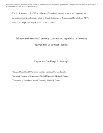 Influence of emotional prosody, content and repetition on memory recognition of speaker identity thumbnail