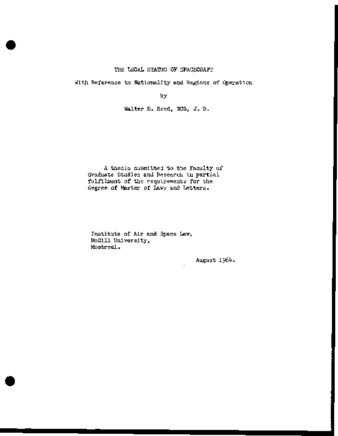 The legal status of spacecraft with reference to nationality and regions of operation. thumbnail