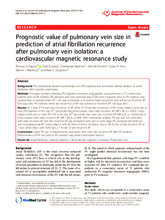 Prognostic value of pulmonary vein size in prediction of atrial fibrillation recurrence after pulmonary vein isolation: a cardiovascular magnetic resonance study thumbnail