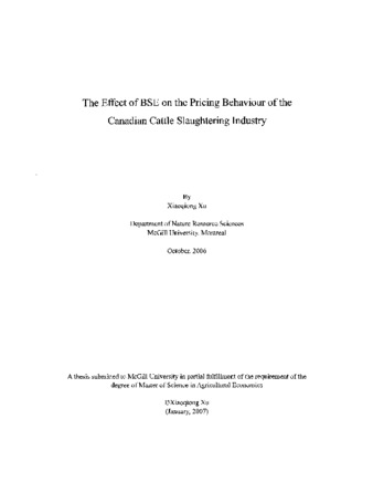 The effect of BSE on the pricing behaviour of the Canadian cattle slaughtering industry / thumbnail