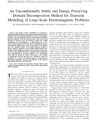 Unconditionally Stable and Energy Preserving Domain Decomposition Method for Transient Modelling of Large-Scale Electromagnetic Problems thumbnail