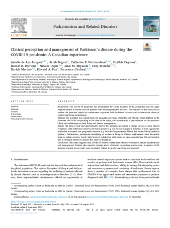 Clinical perception and management of Parkinson's disease during the COVID-19 pandemic: A Canadian experience thumbnail