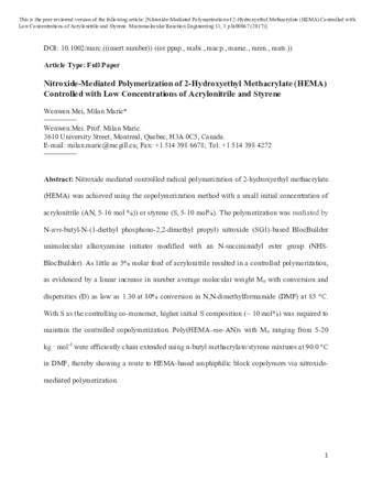 Nitroxide-Mediated Polymerization of 2-Hydroxyethyl Methacrylate (HEMA) Controlled with Low Concentrations of Acrylonitrile and Styrene thumbnail