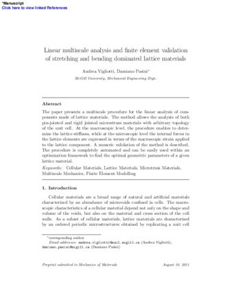 Linear multiscale analysis and finite element validation of stretching and bending dominated lattice materials thumbnail