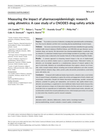 Measuring the impact of pharmacoepidemiologic research using altmetrics: A case study of a CNODES drug‐safety article thumbnail