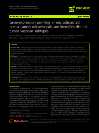 Gene-expression profiling of microdissected breast cancer microvasculature identifies distinct tumor vascular subtypes thumbnail