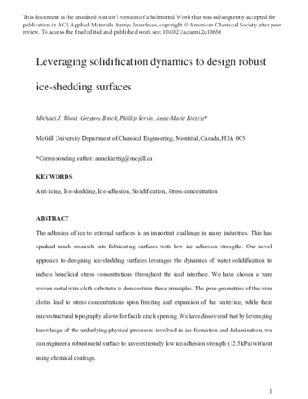 Leveraging Solidification Dynamics to Design Robust Ice-Shedding Surfaces thumbnail